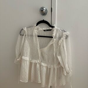 Zara White Sheer Ruffle Top